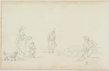 Femme avec remorqueur, enfant et deux hommes